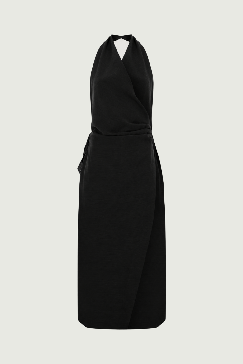 Roslev siyah halter yaka kuşaklı maxi elbise ön görünüm