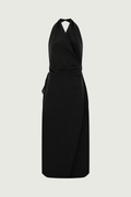 Roslev siyah halter yaka kuşaklı maxi elbise ön görünüm
