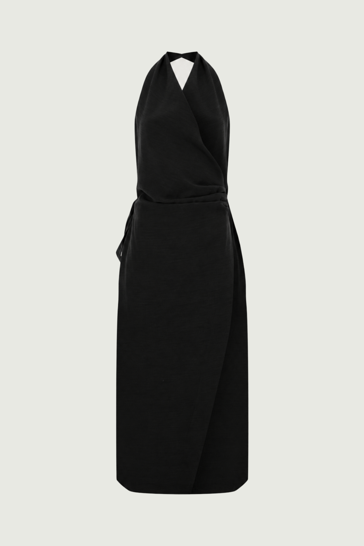 Roslev siyah halter yaka kuşaklı maxi elbise ön görünüm