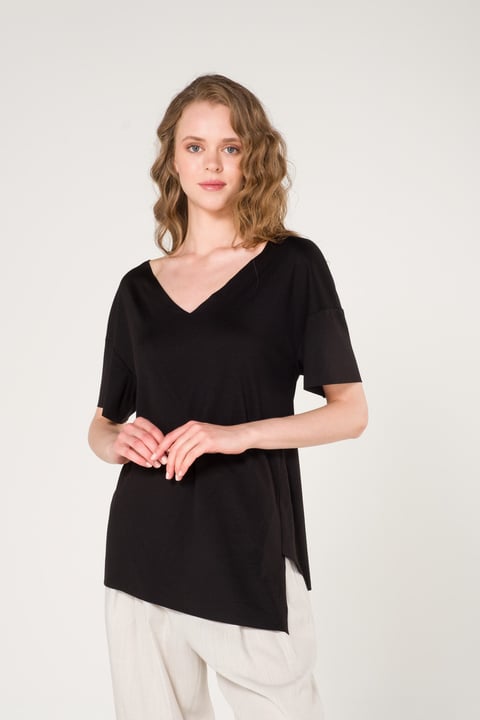 Asymmetric Cut V Neck Viscose Blouse