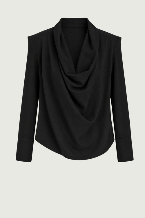 Atelier Aliz Nami siyah drape yaka vatkalı uzun kollu bluz